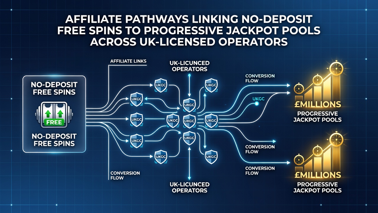 Illustration of data flows connecting affiliate referrals, free spin bonuses, and progressive jackpot contributions at UK regulated operators