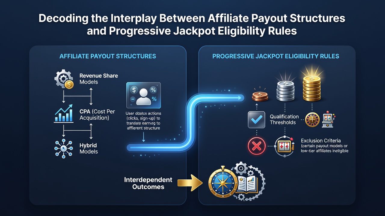 Flowchart showing how affiliate tracking parameters determine progressive jackpot contribution eligibility on UK sites