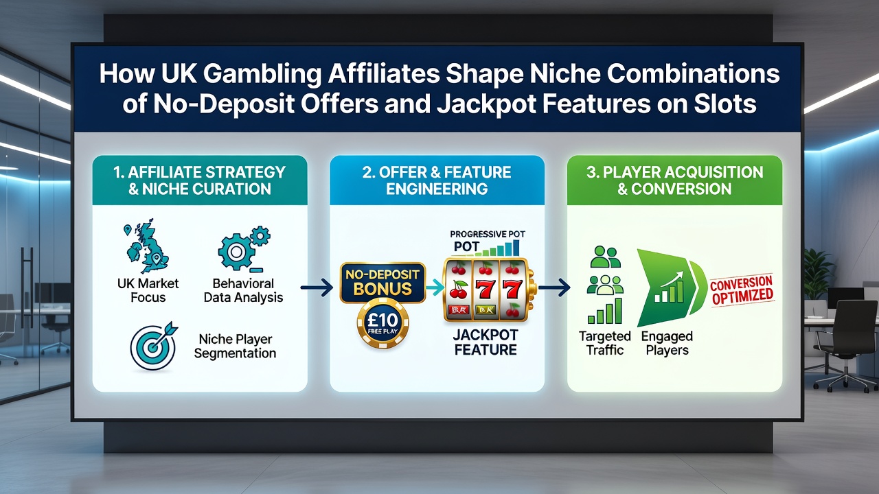 Slot game interface displaying jackpot feature with no-deposit bonus overlay on a UK affiliate site